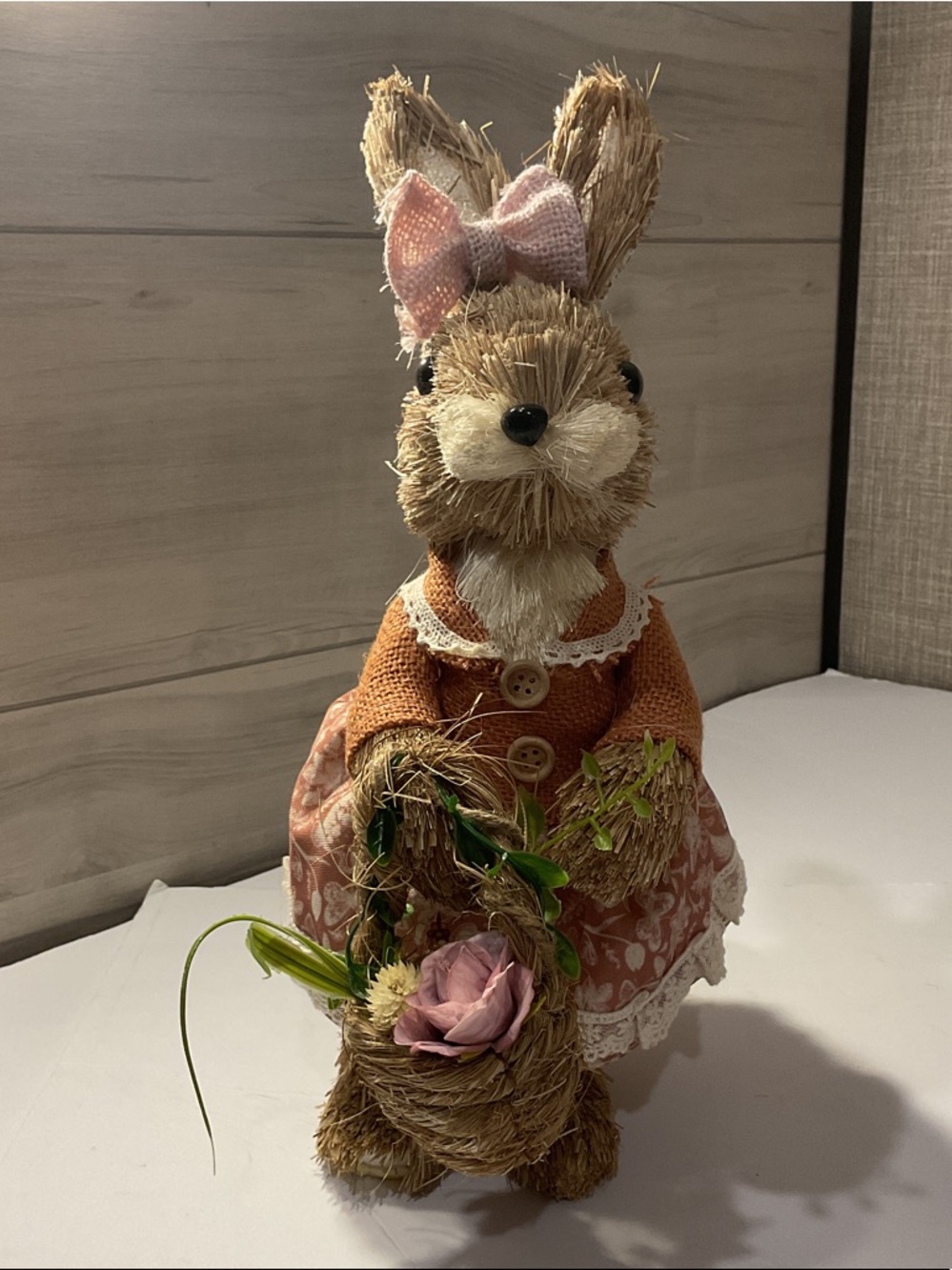 Ashland Straw Bunny with Pink Bow and Orange Dress